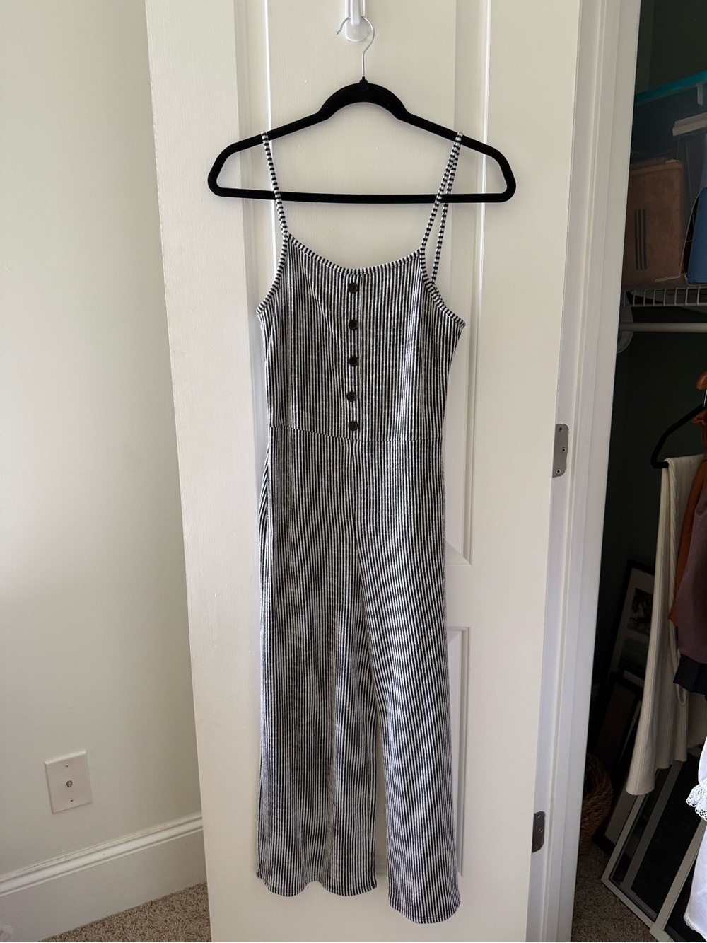 Striped Button-Front Sleeveless Jumpsuit - Black & White